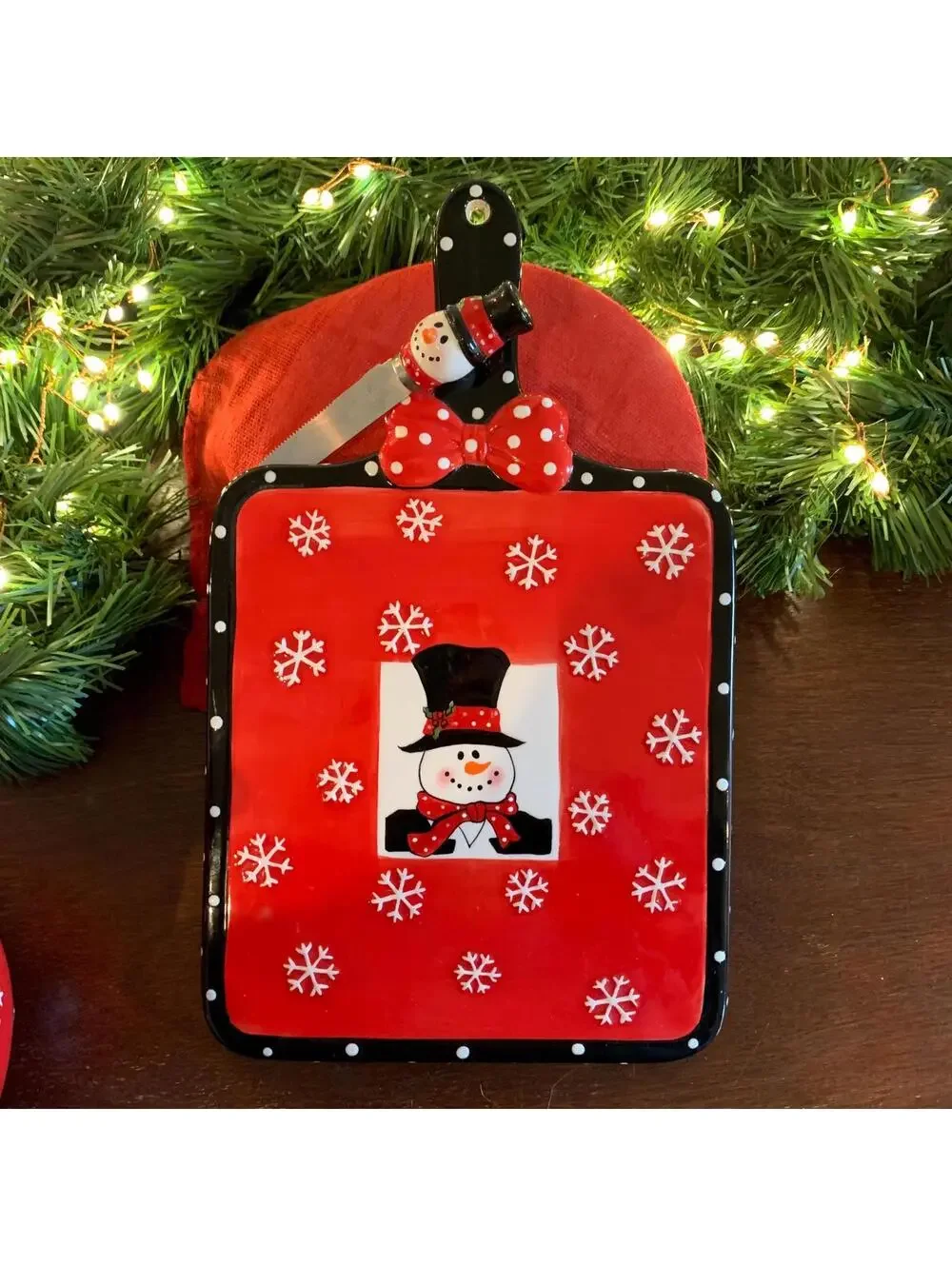 Ceramic Snowman Pitcher and Charcuterie Board with Cheese Knife
